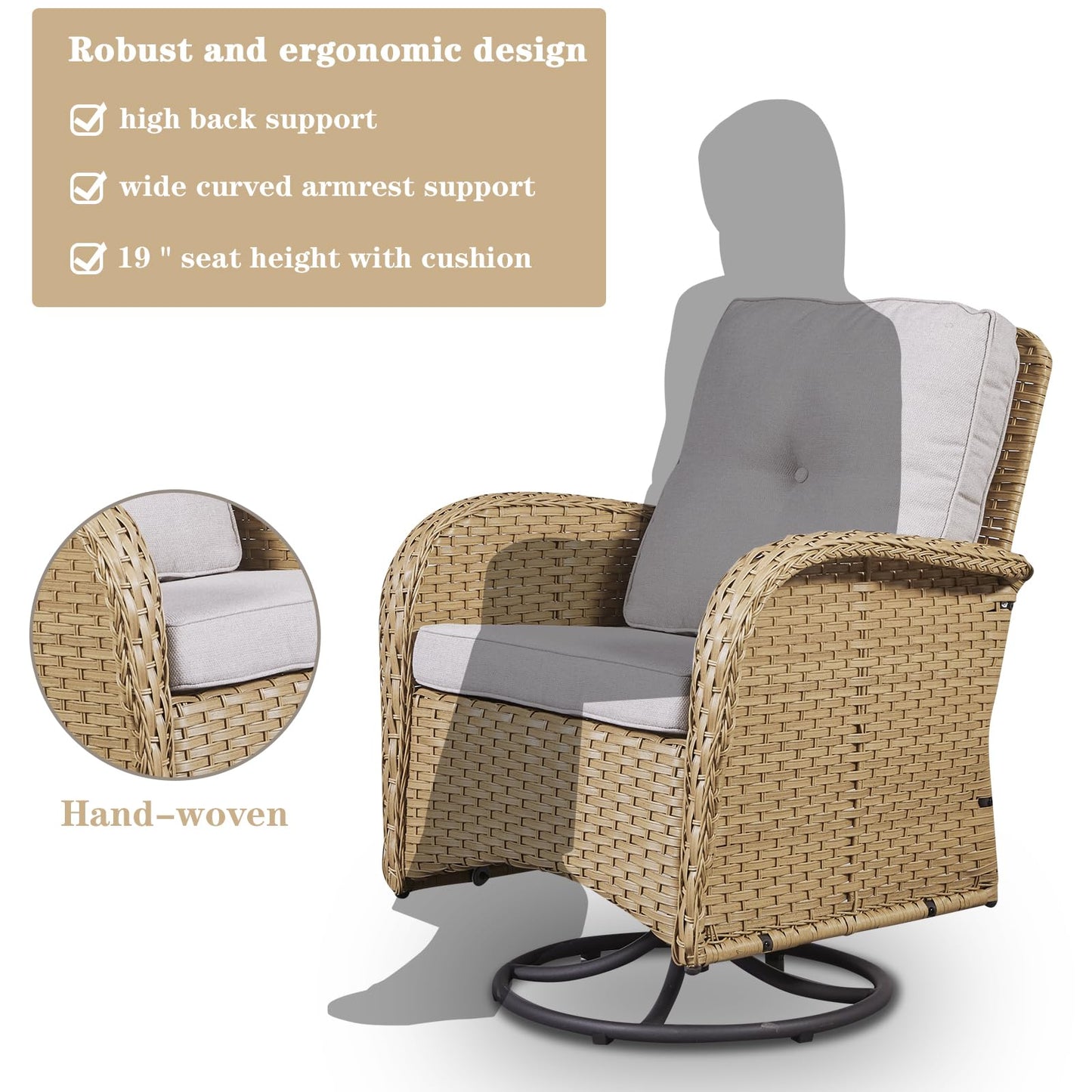 Patio Single PE Wicker Swivel Glider Chair with Thick Cushions, NDS Series