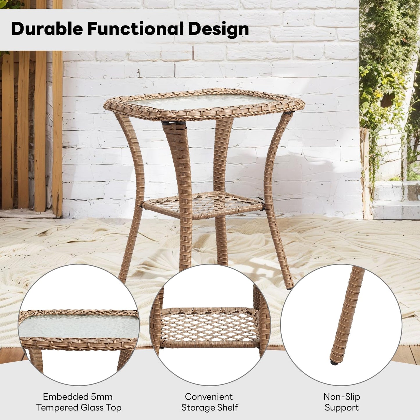 Save 50% - Outdoor PE Rattan Storage Side Table with Tempered Glass, NTC Series