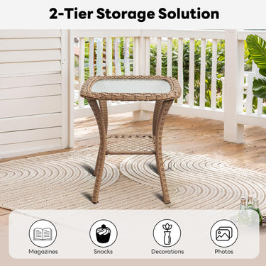 Save 50% - Outdoor PE Rattan Storage Side Table with Tempered Glass, NTC Series - Belord