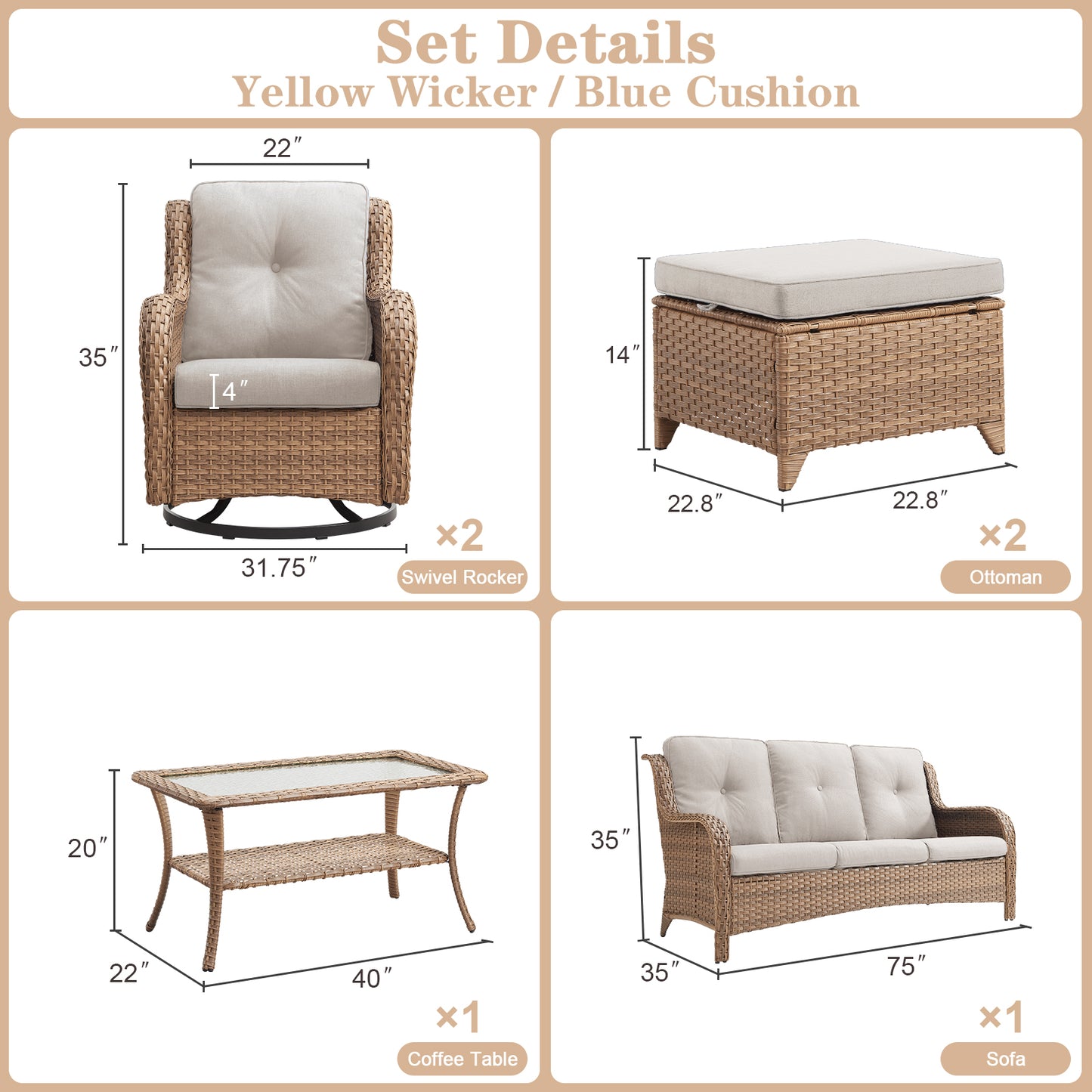 Patio Conversation Set 6-Piece with Sofa, 2-Swivel Glider Chairs, Coffee Table, and 2-Ottoman, NTC Series - B2B Wholesale