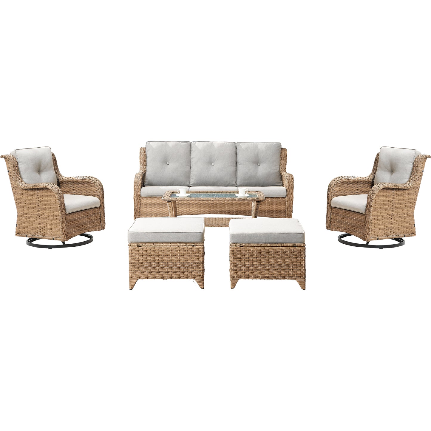 Patio Conversation Set 6-Piece with Sofa, 2-Swivel Glider Chairs, Coffee Table, and 2-Ottoman, NTC Series - B2B Wholesale