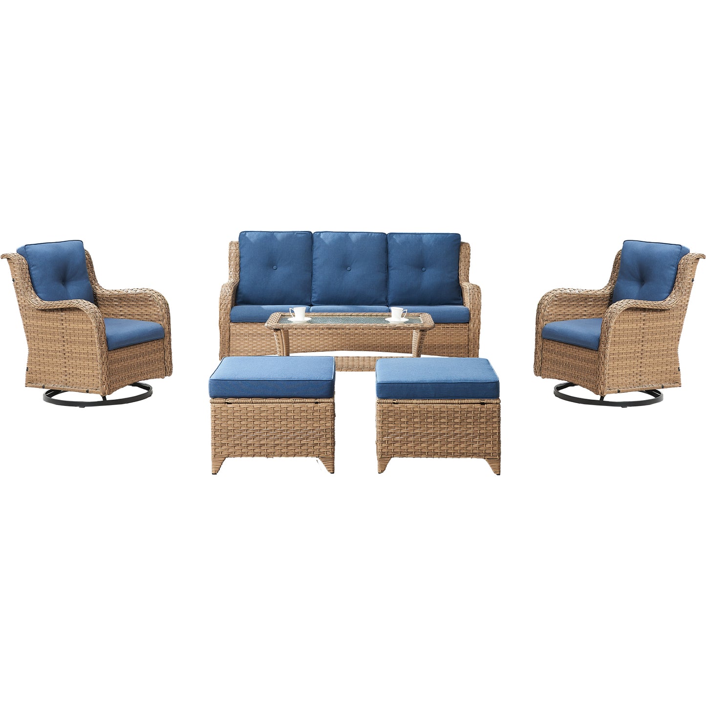 Patio Conversation Set 6-Piece with Sofa, 2-Swivel Glider Chairs, Coffee Table, and 2-Ottoman, NTC Series - B2B Wholesale