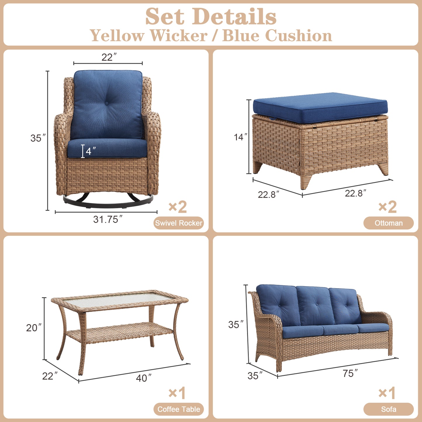 Patio Conversation Set 6-Piece with Sofa, 2-Swivel Glider Chairs, Coffee Table, and 2-Ottoman, NTC Series - B2B Wholesale