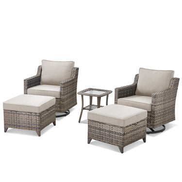 Belord outdoor patio conversation set with 2 swivel glider chairs, ottomans, and glass accent table in a garden setting.
