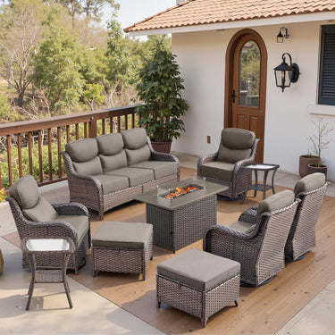 Belord 10-piece patio fire pit set with sofa and swivel chairs, featuring a stylish fire table for outdoor gatherings.