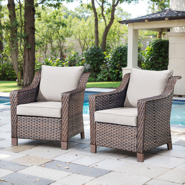 Belord 2-piece outdoor patio chair set with beige cushions from the DAR Series, featuring woven rattan seats and backrests.
