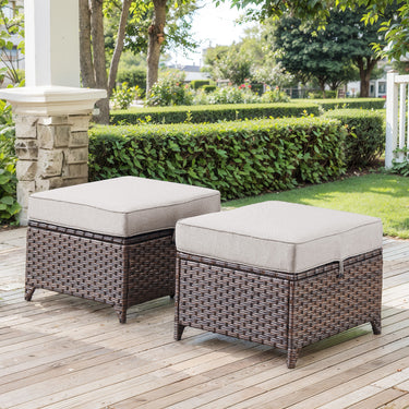 Beige 2-piece outdoor patio conversation set with square 23-inch ottomans from Belord DAR Series.
