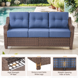 Belord outdoor wicker 3-seat sofa from the OVOLO series with blue cushions, perfect for patio conversation sets.
