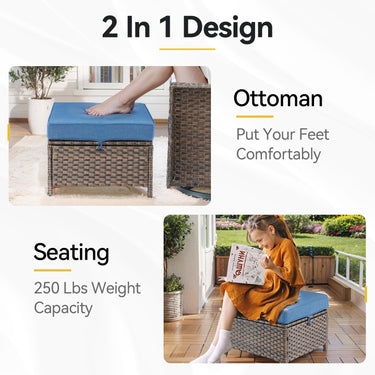 Blue 23-inch square outdoor ottoman set from Belord DAR Series, part of patio conversation furniture with cushioned tops.