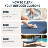 Blue outdoor chaise lounge cushion with 72x22 inches size, waterproof fabric, and 28D foam comfort for outdoor chairs and sofas.