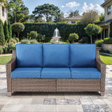 Blue Belord 3-seat outdoor patio sofa from the DAR Series with thick cushions, ideal for outdoor conversation and relaxation.