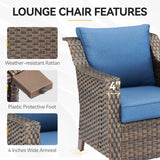 Belord outdoor patio conversation set with two blue cushioned chairs and a matching table, ideal for outdoor seating.