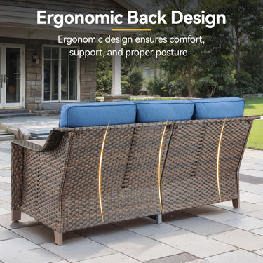 Belord 3-seat outdoor patio sofa from the DAR Series with thick cushions, featuring blue weather-resistant fabric and modern design.