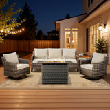 Belord 5-piece outdoor patio furniture set with wicker sofa, two swivel chairs, gray fire pit, and side table for outdoor living.