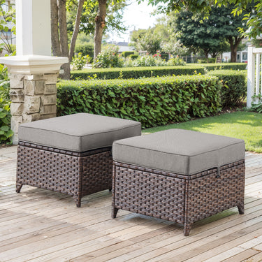 Gray 23-inch square outdoor ottomans from Belord's DAR Series, part of a 2-piece patio conversation set for outdoor relaxation.