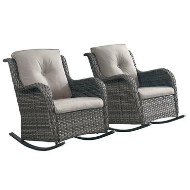 Set of two Belord patio wicker rocking chairs with cushions, part of the NTC Series, featuring woven wicker seats and armrests.