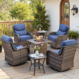 Belord 7-piece fire pit patio set with four swivel rocker chairs and tables, featuring stylish outdoor fire table and seating.