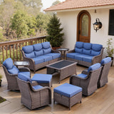 Belord 11-piece patio wicker sofa set with swivel chairs, featuring cushioned seats and a stylish outdoor conversation arrangement.
