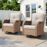 Pair of Belord wicker swivel glider chairs with 5-inch cushions, part of a patio conversation set, 360° rotation, supports 300 lbs.