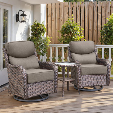 Belord 3-piece patio bistro set with swivel glider chairs and side table, featuring comfortable cushions and a modern design.