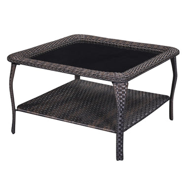Belord outdoor wicker coffee table with glass top and two-tier storage, part of the NTC patio conversation set.