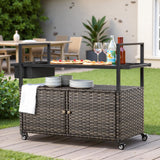 Outdoor wicker bar cart by Belord with 4 lockable wheels and built-in ice bucket, perfect for outdoor entertaining.