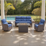 Belord 5-piece patio fire pit set with swivel chairs and fire table for outdoor dining and relaxation.