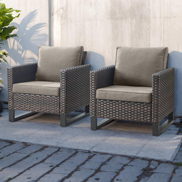 Pair of Belord wicker patio chairs with 18.5-inch high backs, durable design, suitable for outdoor seating, set of two.