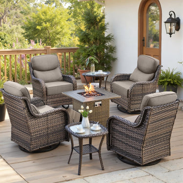 Belord 7-piece fire pit patio set with four swivel rocker chairs and tables, NT Series outdoor fire table set.