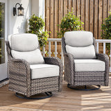 Pair of Belord outdoor patio swivel glider chairs with 6-inch cushions, part of the NT Series, shown with a cozy outdoor setting.