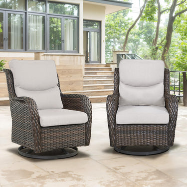 Pair of Belord swivel patio chairs with 360° rotation and 5-inch cushions, part of the NTC Series, shown with cushions on outdoor furniture.