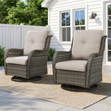 Pair of Belord wicker swivel glider chairs with 5-inch cushions, 360-degree rotation, suitable for patio conversation set.