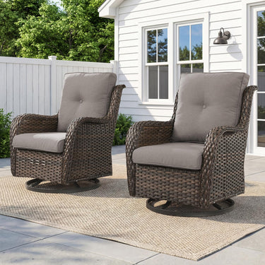 Set of two wicker swivel glider chairs with 5-inch cushions, designed for patio conversation, supports 300 lbs, part of Belord NTC Series