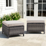Belord 2-piece patio wicker ottoman set with side tables, part of NTC Series, showing woven wicker tops and sturdy legs on outdoor patio