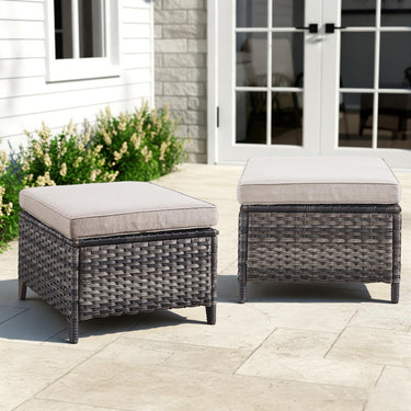 Belord 2-piece patio wicker ottoman set with side tables, part of NTC Series, showing woven wicker tops and sturdy legs on outdoor patio