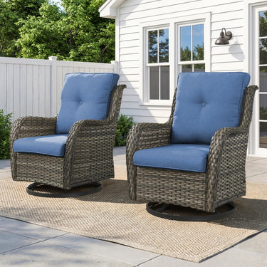 Set of two Belord wicker swivel glider chairs with 5-inch cushions, suitable for patio conversation, supports 300 lbs.