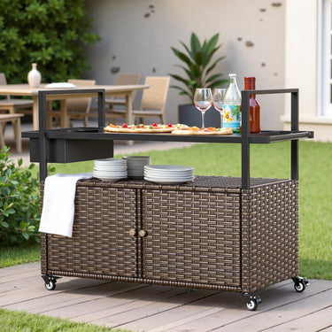 Outdoor wicker bar cart by Belord with four lockable wheels and an ice bucket, perfect for outdoor entertaining.