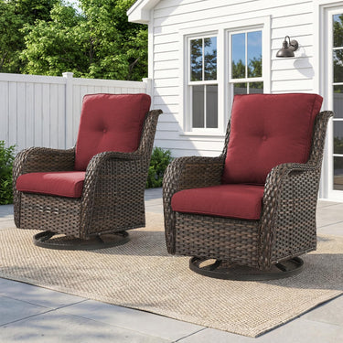 Pair of Belord wicker swivel glider chairs with 5-inch cushions, 360° rotation, part of the NTC patio conversation set.