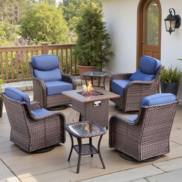 Belord 7-piece fire pit patio set with four swivel rocker chairs and tables, featuring a stylish fire table for outdoor gatherings.