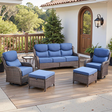 Belord 6-piece patio wicker sofa set with swivel chairs, NT Series, featuring cushioned seating and a stylish outdoor conversation arrangement.