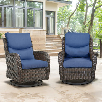 Pair of Belord swivel patio chairs with 360° rotation and 5-inch cushions, part of the NTC Series, shown with cushioned seats.