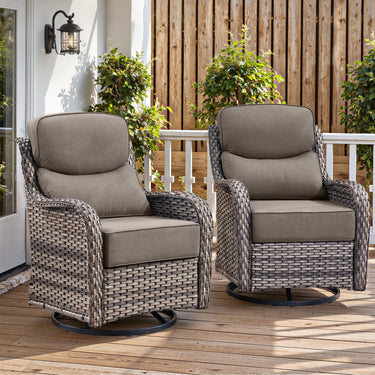 Pair of Belord outdoor swivel glider patio chairs with 6-inch cushions from the NT Series, showing comfortable seating and stylish design.