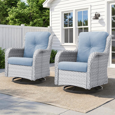 Set of two wicker swivel glider chairs with cushions, ideal for patio conversation, featuring 360° rotation and durable design.