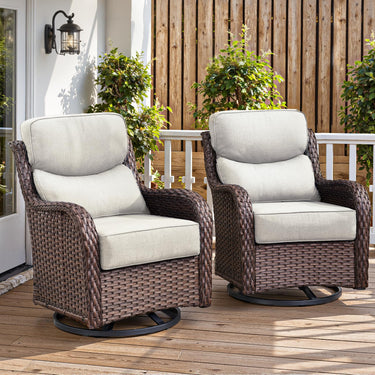Pair of Belord outdoor patio swivel glider chairs with 6-inch cushions, part of the NT Series, shown on a patio setting.