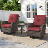 Belord 3-piece outdoor wicker swivel glider set with two chairs and side table for patio conversation and relaxation.