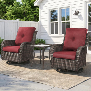 Belord 3-piece outdoor wicker swivel glider set with two chairs and side table for patio conversation and relaxation.