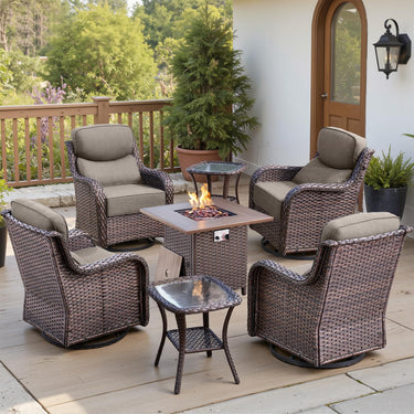 Belord 7-piece fire pit patio set with four swivel rocker chairs and tables, NT Series, perfect for outdoor gatherings.