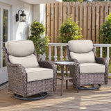 Belord 3-piece patio bistro set with swivel glider chairs and side table, featuring cushioned seats and metal frame.