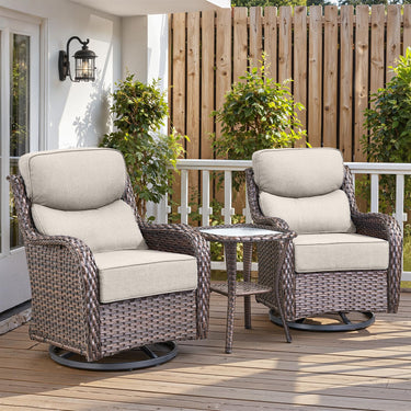Belord 3-piece patio bistro set with swivel glider chairs and side table, featuring cushioned seats and metal frame.
