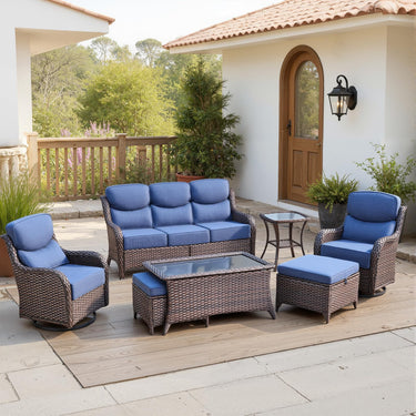 Belord 7-piece patio wicker sofa set with swivel chairs, featuring plush cushions and a modern outdoor design.